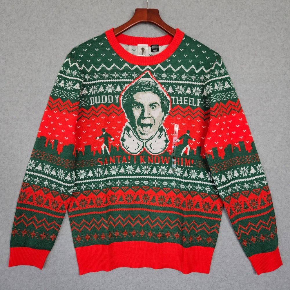 Elf Buddy The Elf Mens Large Ugly Green Red Christmas Sweater Santa I Know‎ Him